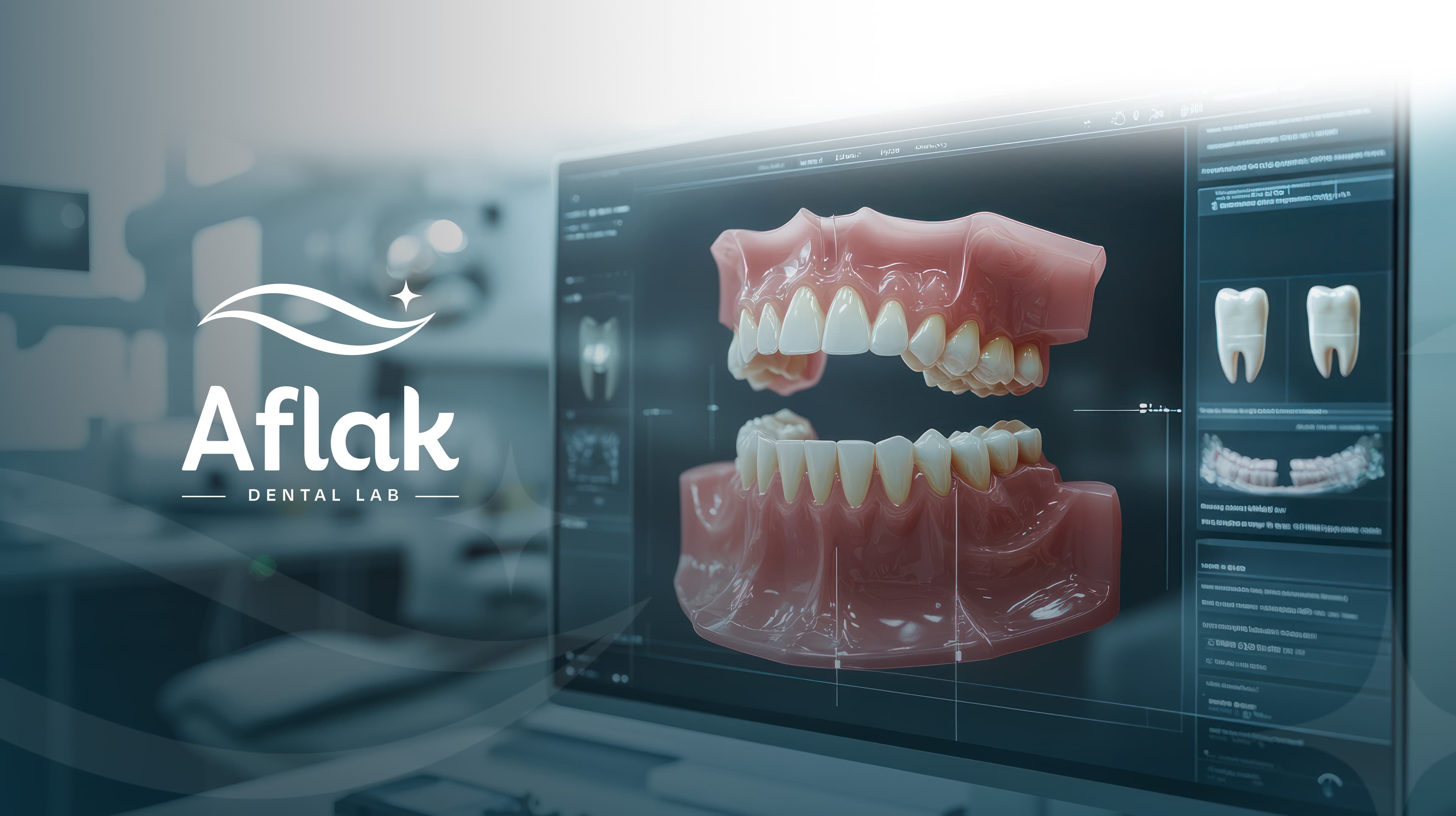 The Aflak Dental Lab logo beside a 3D digital model of a full set of dentures on a monitor