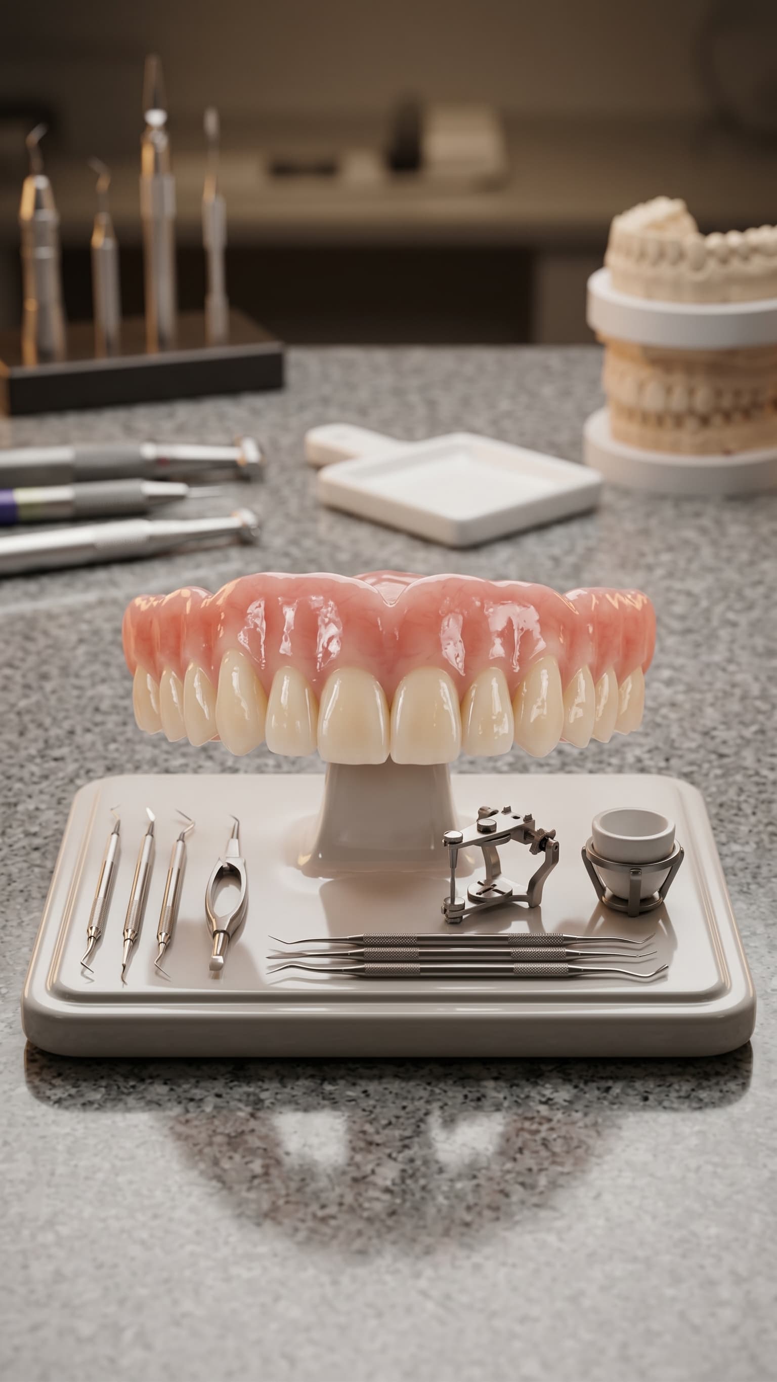 A complete denture on a stand next to dental lab instruments