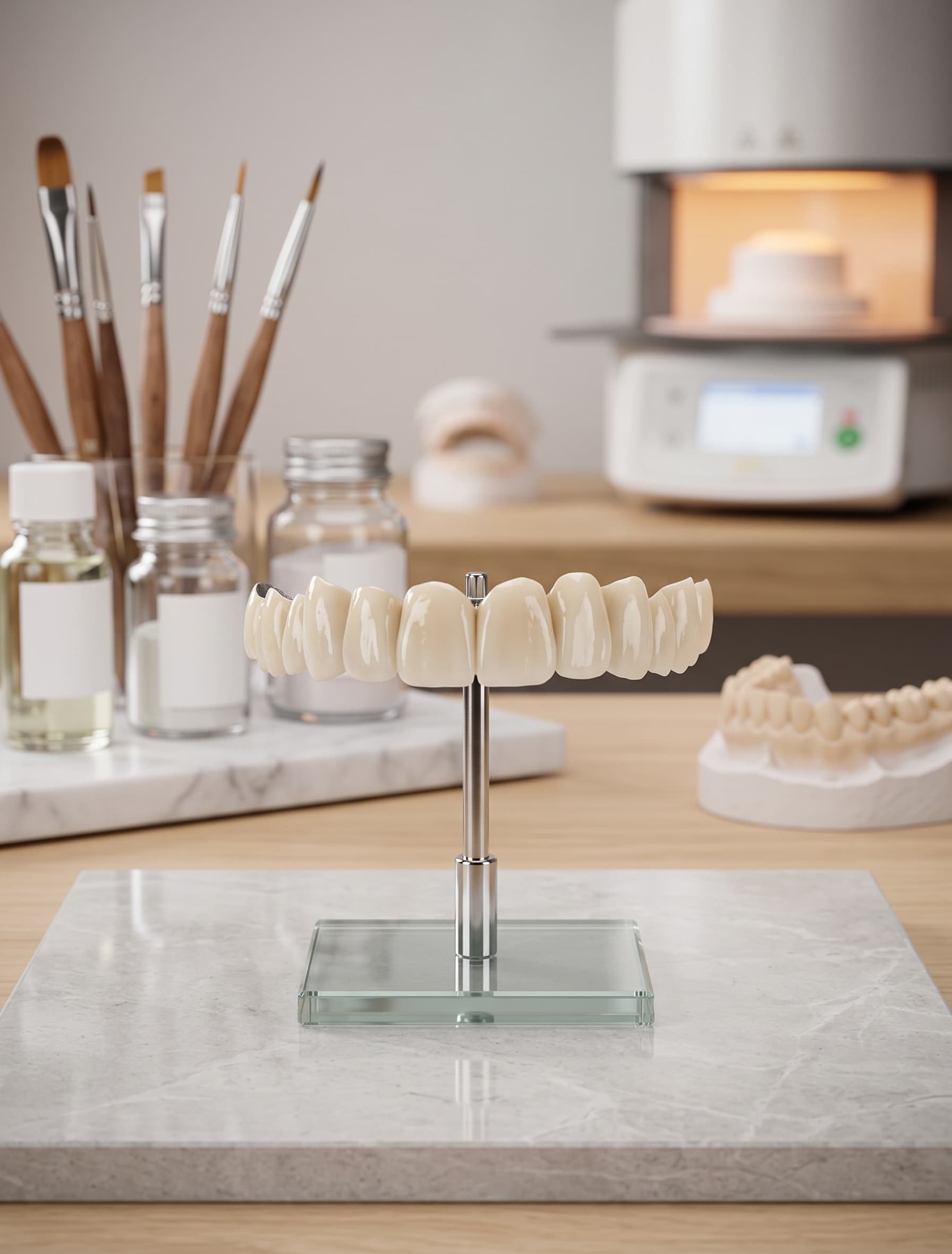 A row of ceramic crowns on a glass display stand in a dental lab