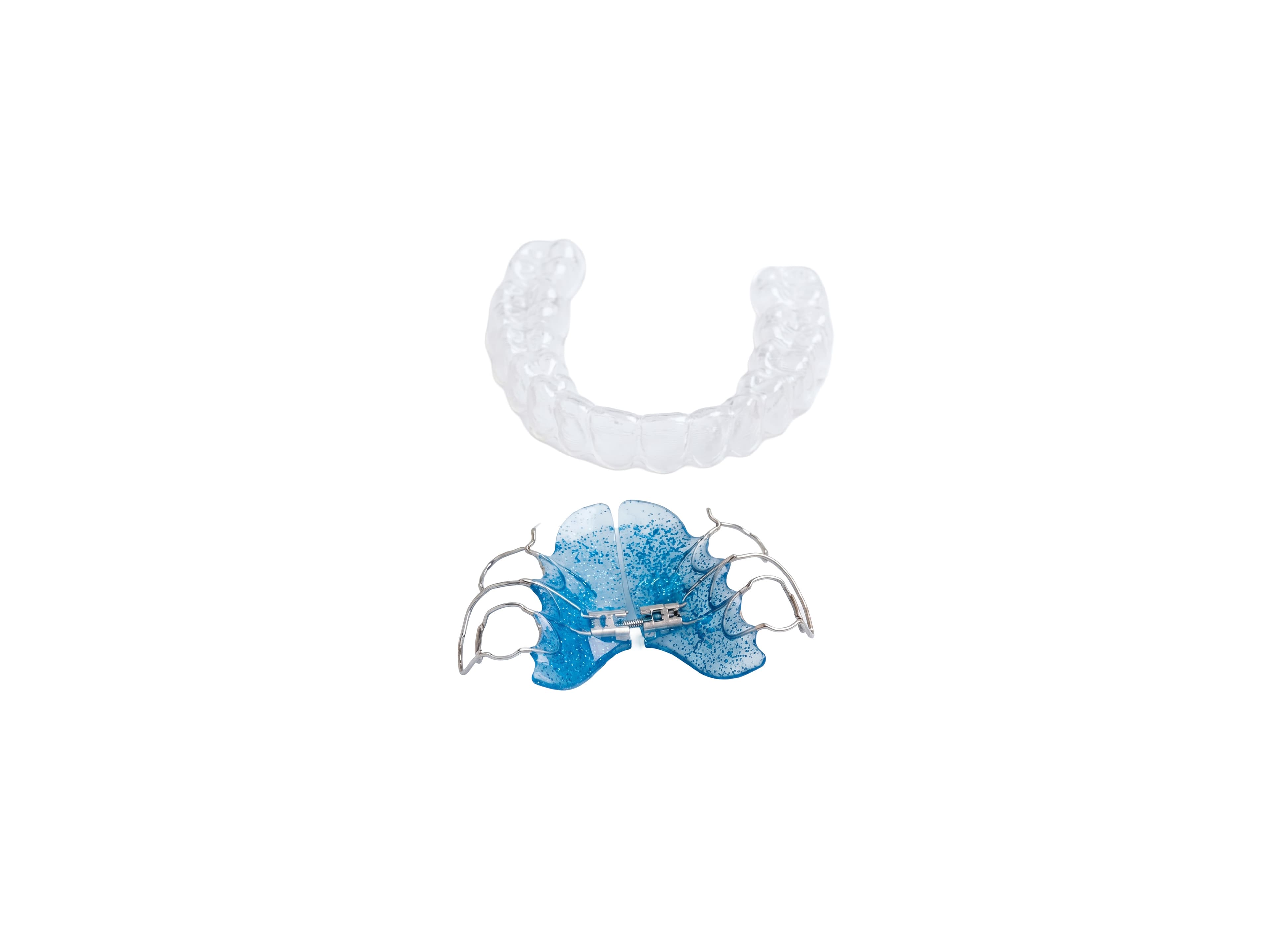 A clear aligner above a blue removable orthodontic retainer
