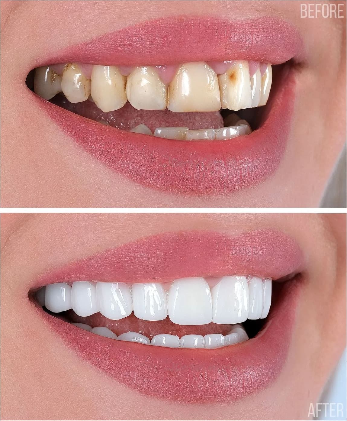 The same smile before and after treatment: worn, uneven teeth above and even white teeth below
